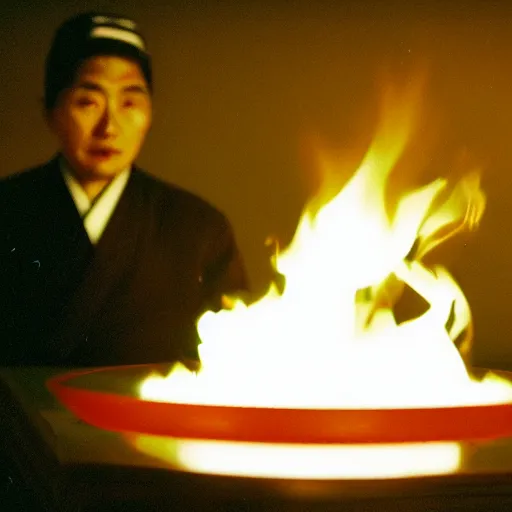 Image similar to cinematic film still of PontiacMadeDDG starring as a Japanese Sensei with fire, Japanese CGI, VFX, 2003, 40mm lens, shallow depth of field, film photography