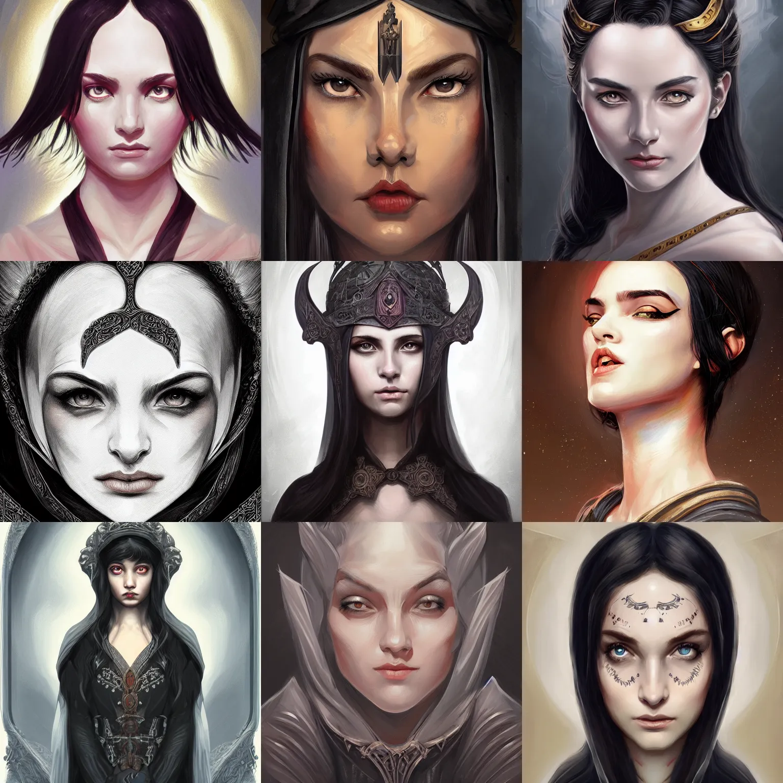 Prompt: head-on symmetrical centered painted portrait, young woman D&D wizard, black hair, medieval robes, fantasy, intricate, elegant, highly detailed, digital painting, smooth, sharp focus, illustration, artstation, in the style of Artgerm and Anna Podedworna and Alex Ross