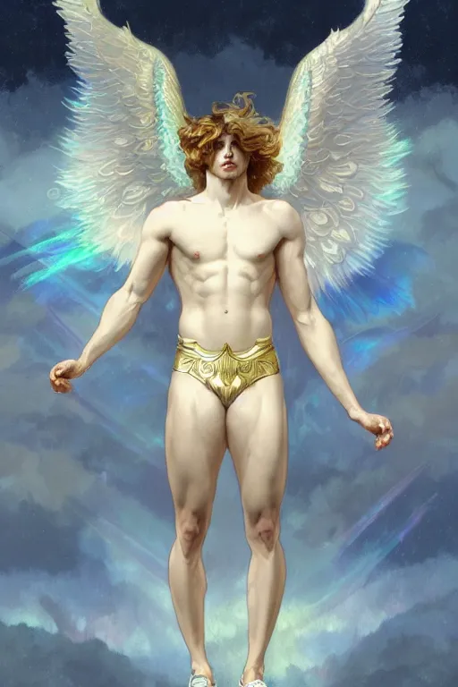 Prompt: fullbody portrait of a beautiful young fit male angel with curly blond hairs, dressed in fluent clothes around the legs, majestic symmetrical big eagle wings, luminous halo, by greg rutkowski and alphonse mucha, gradient white to gold, in front of an iridescent background, highly detailed portrait, digital painting, artstation, concept art, smooth, sharp focus illustration