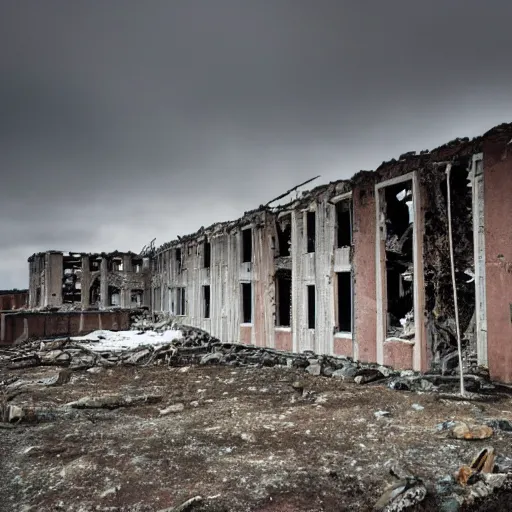 Prompt: Ruins of an apartment complex in the arctic, DSLR photography