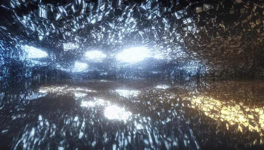 Image similar to chromatic reflections inside a cave made out of shiny mirrors, unknown light source, octane render, ray - tracing, 4 k, desktop wallpaper