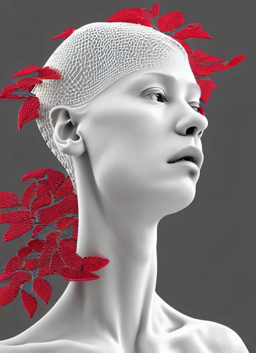 Prompt: complex 3d render ultra detailed of a beautiful porcelain profile young woman face, biomechanical cyborg, 200 mm lens, beautiful studio soft light, rim light, silver white gold red details, cubist magnolia monochromatic red big leaves and stems, roots, fine foliage lace, mesh wire, Alexander Mcqueen high fashion haute couture, art nouveau fashion embroidered, multilayered fabrics, intricate details, hyper realistic, ultra detailed, mandelbrot fractal, anatomical, facial muscles, cable wires, microchip, elegant, octane render, H.R. Giger style, black eyes, plump lips, volumetric lighting, 8k post-production, trending on Artstation