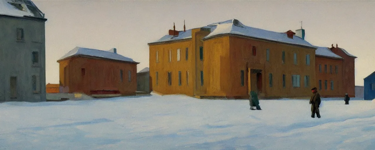 Prompt: an edward hopper style painting of a ( ( ( ( ( ( ( ( small town csorna ) ) ) ) ) ) ) ) in hungary, winter, january of 1 9 5 5