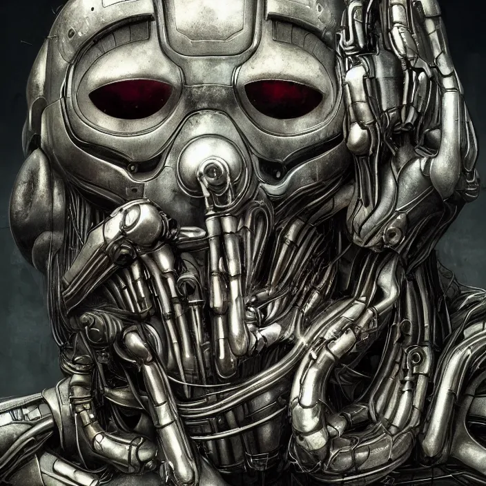 Image similar to h. r. giger esque portrait of a friendly happy emerald ultron from age of ultron, fresh of the production line, washed, clean, shiny, clockwork steampunk, head and chest only, by beksinski, 4 k, deviantart, trending on artstation