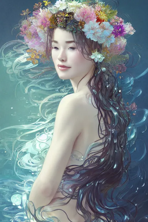 Prompt: portrait of a beautiful woman wearing a yukata, holding a bouquet of flowing flowers, drenched body, silver hair, wet dripping hair, emerging from the water, dark fantasy, regal, fractal crystal, fractal gems, by ross tran, stanley artgerm lau, thomas kindkade, alphonse mucha, loish, norman rockwell