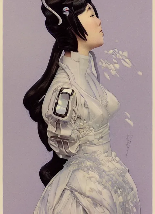 Prompt: a low angle copic maker art nouveau portrait of a japanese futuristic girl detailed features wearing a latex wedding dress with a puffy skirt designed by balenciaga by john berkey, norman rockwell akihiko yoshida