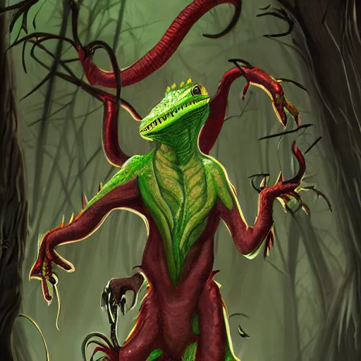 Image similar to big butcher anthropomorphic male lizardfolk posing scarily, scary angry pose, covered in blood, fresh kill, cleaver, in a forest, earie setting, lovecraft, eldritch, horror, hyperdetailed, furaffinity, deviantart, anthro art