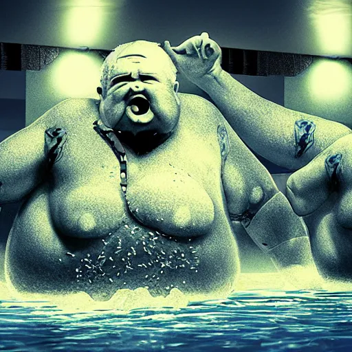 Prompt: photo, ugly old fat men and monsters fighting 5 3 8 2 8 inside a swimming pool, highly detailed, scary, volumetric lighting