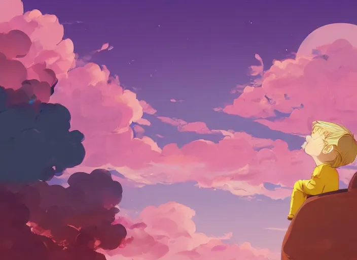 Image similar to a little boy with blonde hair sitting on a cloud in front of a pink and blue sunrise sky. clean cel shaded vector art. shutterstock. behance hd by lois van baarle, artgerm, helen huang, by makoto shinkai and ilya kuvshinov, rossdraws, illustration, art by ilya kuvshinov