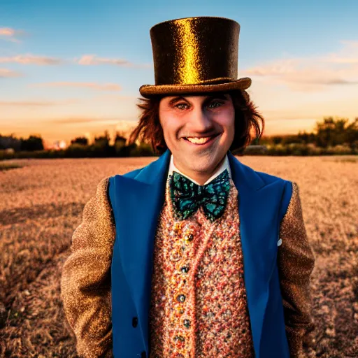 Image similar to Willy Wonka portrait, golden hour, EOS-1D, f/1.4, ISO 200, 1/160s, 8K, RAW, unedited, symmetrical balance, in-frame