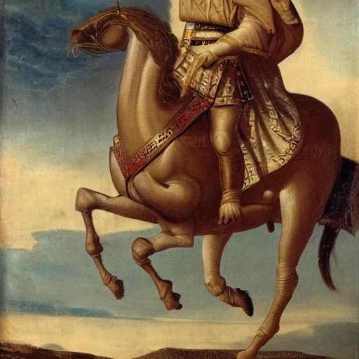 Prompt: roman emperor leonid riding the horse and eating kebab and wearing sleeping suite, a close view, hyperrealistic, 8 k