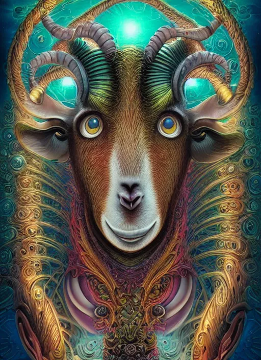 Prompt: a surreal portrait statue of a mystic goat figure by naoto hattori, android jones, and chris dyer, deep bold colors, galactic entity, depth of field, intricate beautiful painting, billions of details, octane render, portal, 8 k, detailed vector, trending on artstation, cgisociety, wow!!!!!!
