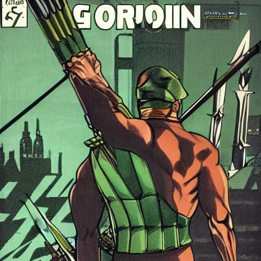 Image similar to The Green Arrow action pose, view from behind looking over shoulder, drawing an arrow from his quiver, comic book cover style