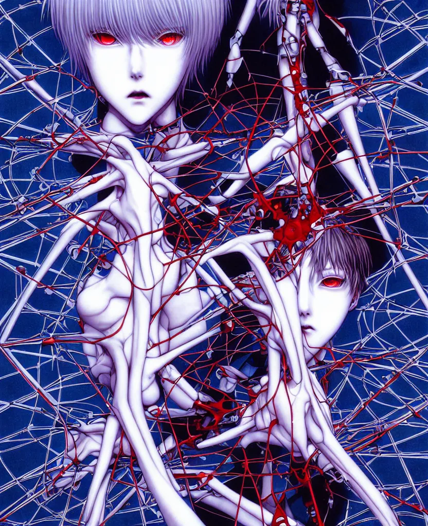 Image similar to symmetrical, rei ayanami, depth perception, depth of field, high resolution, action horror, gothic, rich deep colors. by yoshitaka amano, by yukito kishiro, by yoshiyuki sadamoto, masterpiece, composition of perspective fractal grids, science of energy, signal processing, music and entertainment