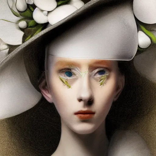 Prompt: a beautiful Futuristic portrait with hat made by wires and white flowers twisted around her face ,design by Leonardo DaVinci ,designed by balenciaga , inspired by egon schiele ,modern art,baroque art, new classic,hyper realistic,cinematic composition,cinematic lighting,fashion design, concept art, hdri, 4k -