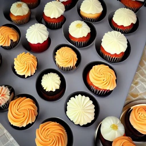 Prompt: Cupcakes on a shiny plate on it, award winning photograph, artstation, incredible quality, hyperrealistic, sharp, high resolution