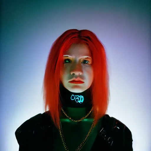 Image similar to Portrait photo of a cyberpunk woman, studio lighting, highly detailed, cinestill 800t