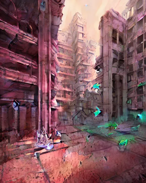 Image similar to hyperrealistic 3d render high quality baroque mecha iridescent pink brutalist city ruins background concept art vray! santiago caruso de chirico sharp very dramatic green light 8k low angle shallow depth of field