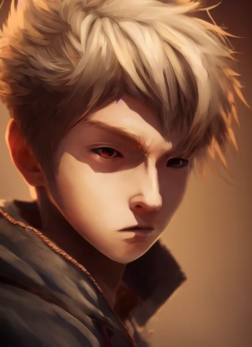 Image similar to An epic fantasy anime style portrait painting of a young blonde boy thief, unreal 5, DAZ, hyperrealistic, octane render, cosplay, RPG portrait, dynamic lighting