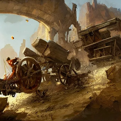 Image similar to a sling catapult machine sending rocks flying, cart wheels, epic fantasy style art by Craig Mullins, fantasy epic digital art