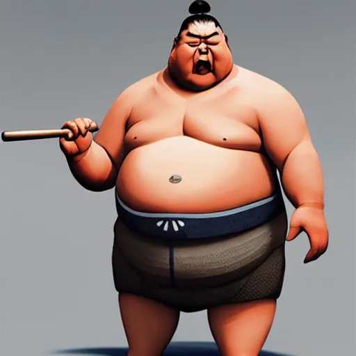 Prompt: a painting of a sumo wrestler holding a baseball bat, a digital painting by senior character artist, cgsociety, sumatraism, zbrush, official art, masculine