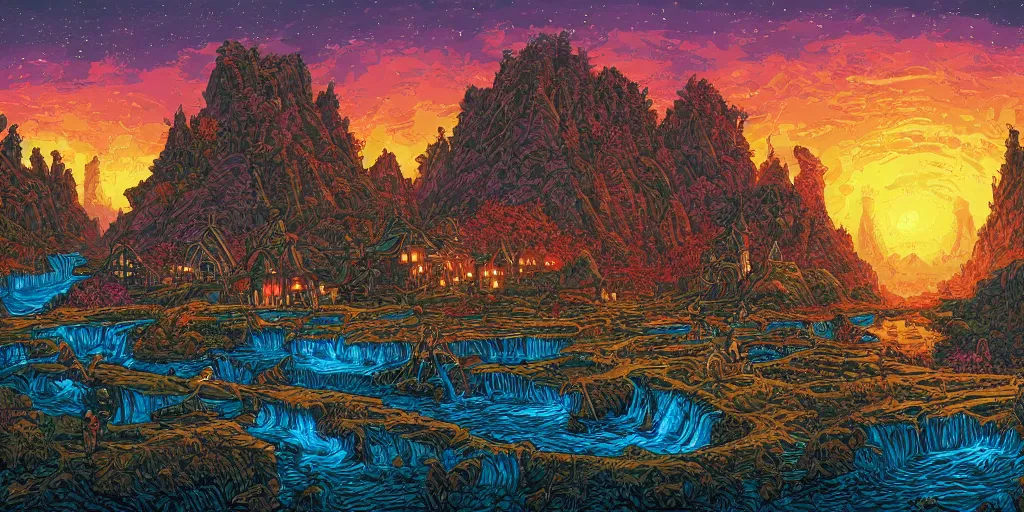 Image similar to a fantasy landscape by Dan Mumford