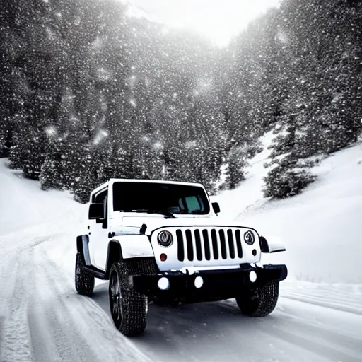 Image similar to white jeep wrangler driving up a steep snowy mountain cornice, high quality digital art, dramatic lighting, cinematic, photo realism