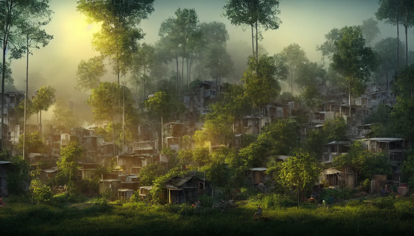 Image similar to Slum housing emerging form a forest landscape, volumetric light , full colour ,4k