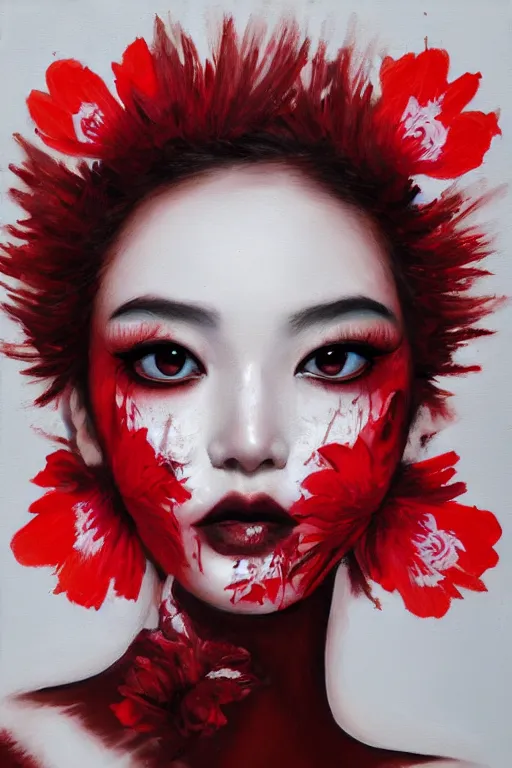 Image similar to beautiful woman's fractured face blended with red flowers jacky tsai style, pale skin, make up, acrylic on canvas