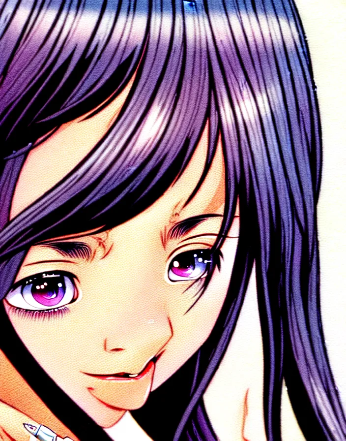 Image similar to extremely detailed color ink pen  illustration depicting an extreme close up face of a dainty young truant female stoner prep highschool school student with medium length silky straight iridescent black hair and lightly suntanned skin, illustrated by Artgerm and Range Murata.