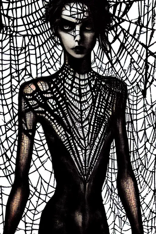 Image similar to dreamy gothic girl, black leather slim clothes, chains, covered in spider web, beautiful body, detailed acrylic, grunge, intricate complexity, by dan mumford and by alberto giacometti, peter lindbergh