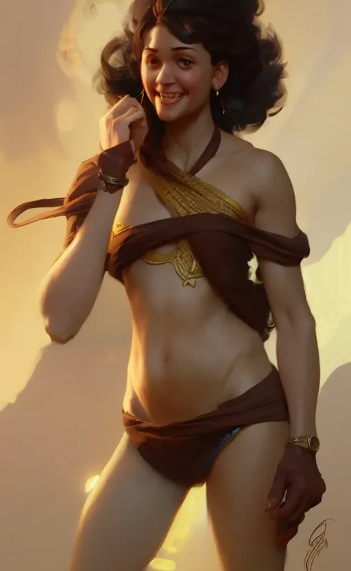 Image similar to genie, female, brown skin, short brown hair, smiling, abs, highly detailed, digital painting, artstation, concept art, sharp focus, illustration, art by greg rutkowski and alphonse mucha