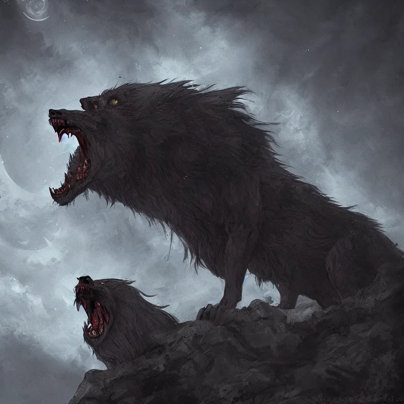 Image similar to a demonic werewolf howling in a cliff at night, scary, eerie, artstation, digital art,