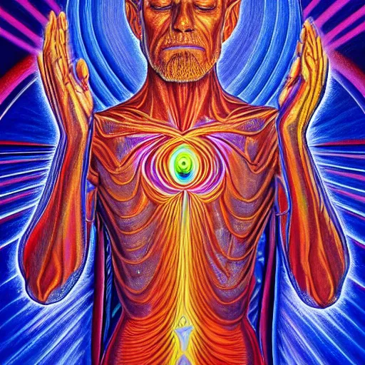 Image similar to a painting of androxus praying designed by alex grey, flooko, etheral, detailed, glows,