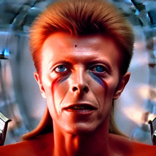 Prompt: film still of David Bowie as David Bowman in 2001 a space odyssey, 4k