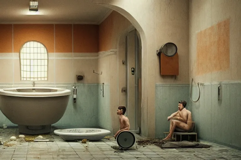 Image similar to hyperrealism aesthetic photography of detailed gigantic toilet in surreal scene from detailed art house movie in style of denis villeneuve and wes anderson