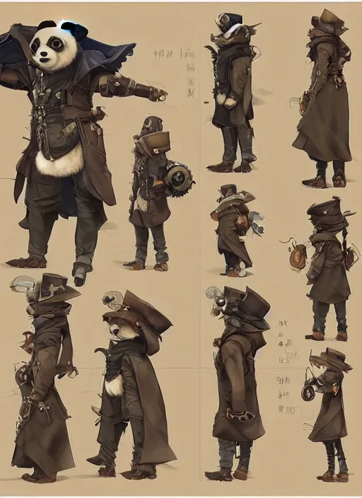 Image similar to a steampunk panda, character concept, character reference sheet. By Makoto Shinkai, Stanley Artgerm Lau, WLOP, Rossdraws, James Jean, Andrei Riabovitchev, Marc Simonetti, krenz cushart, Sakimichan, trending on ArtStation, digital art.