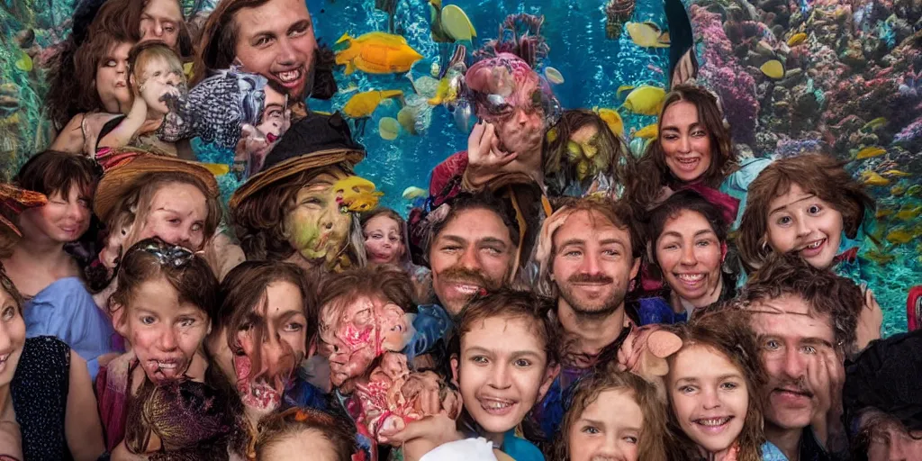 Prompt: detailed colour photographic masterpiece group portrait of people sat down extreme closeup, in the inside of the full crowded beautiful underwater train to atlantis, realistic and lifelike expressions, crowds of people sat down wearing unusual clothes