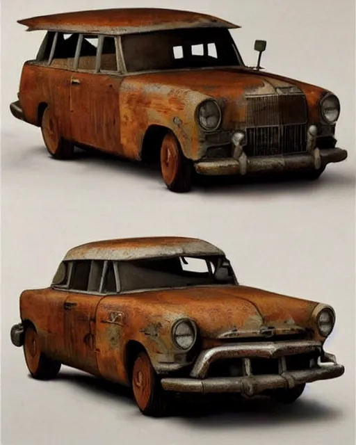 Image similar to a wooden sculpture of a vintage car from fallout 4, digital art by studio ghibli and greg rutkowski, beautiful, cute, hyperrealism artstyle, amazing lighting