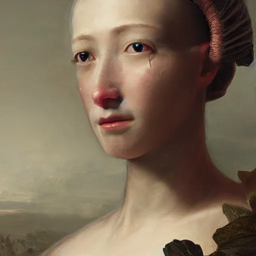 Prompt: Ultra detailed, 4K Portrait of cyborg fully dressed woman by Rachel Ruysch