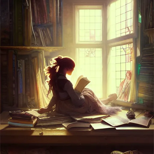 Prompt: Portrait of a girl in cluttered windowed study, reading a book while light streams in through the skylight, her pet fox sleeping beside her, fantasy, intricate, elegant, highly detailed, digital painting, artstation, concept art, smooth, sharp focus, illustration, art by Krenz Cushart and Artem Demura and alphonse mucha