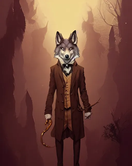 Prompt: anthropomorphic art of a detective wolf, victorian inspired clothing by artgerm, victo ngai, ryohei hase, artstation. fractal papersand books. highly detailed digital painting, smooth, global illumination, fantasy art by greg rutkowsky, karl spitzweg