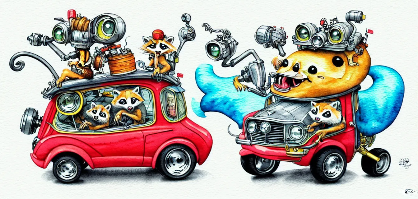 Image similar to cute and funny, racoon riding in a tiny hot rod with oversized engine, ratfink style by ed roth, centered award winning watercolor pen illustration, isometric illustration by chihiro iwasaki, edited by range murata, tiny details by artgerm and watercolor girl, symmetrically isometrically centered