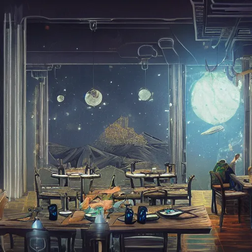 Image similar to The restaurant at the end of the universe. Dramatic setting, intricate art, trending on artstation