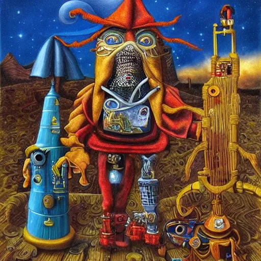 Prompt: a robed wizard, puppeteering a toy robot, in the style of michael cheval, surreal, highly detailed, super intricate, whimsical and surreal. wizard and robot puppet