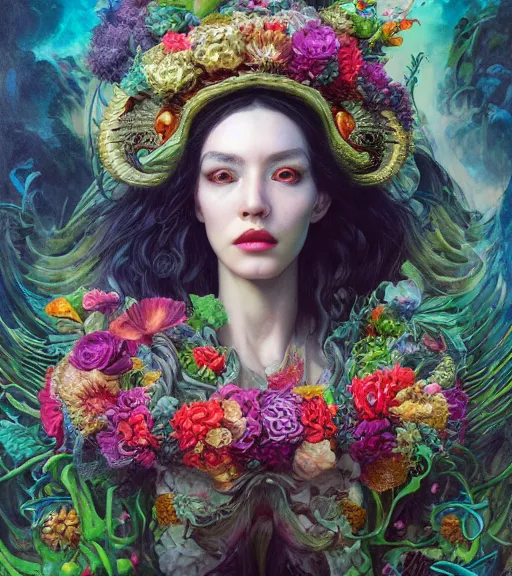 Prompt: portrait of a quetzalcoatl, surrounded by flowers by karol bak, james jean, tom bagshaw, rococo, trending on artstation, cinematic lighting, hyper realism, octane render, 8 k, hyper detailed, ink by frank miller