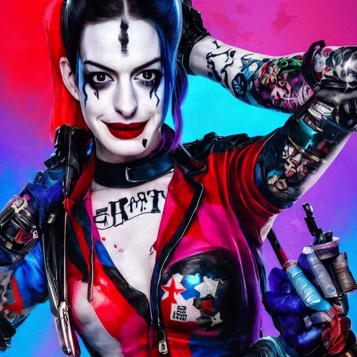 Image similar to portrait of Anne Hathaway as a harley quinn in Suicide Squad. intricate abstract. intricate artwork. by Tooth Wu, wlop, beeple, dan mumford. octane render, trending on artstation, greg rutkowski very coherent symmetrical artwork. cinematic, hyper realism, high detail, octane render, 8k, iridescent accents