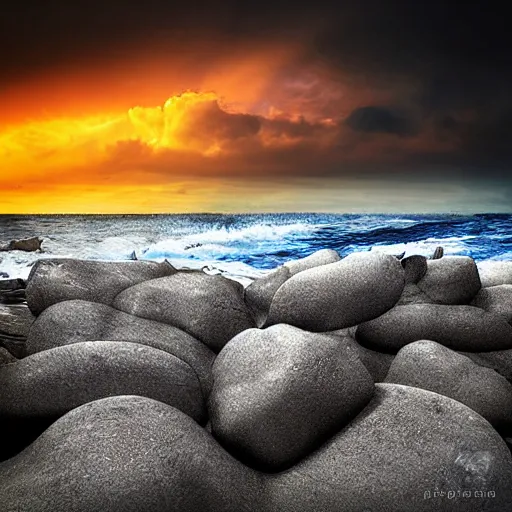 Image similar to sea whirl, rocks, dramatic sky, digital art,