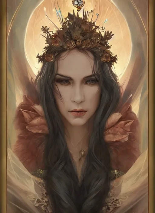 Image similar to tarot!!, fairy queen, fantasy medieval, no noise, elegant, concept art, sharp focus, beautiful face!!, digital art, smooth defined outlines!!, by Brom, trending on Artstation, Tom Bagshaw, Sargent