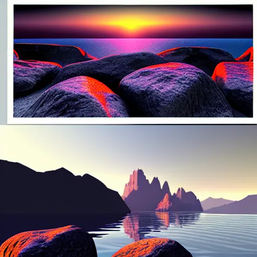 Image similar to super detailed color lowpoly art, northern sunset with rocks on front, monochrome photorealistic bay in the middle of perspective and mountains at background, big graphic vessel in the middle of composition, unreal engine, high contrast color palette, 3 d render, lowpoly, colorful, digital art, perspective, full volume composition, robb cobb, robert mccall, syd mead